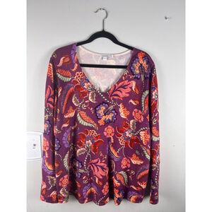 Chico’s Floral Knit Top Size 3 US XL Purple Long Sleeve V Neck Paisley
